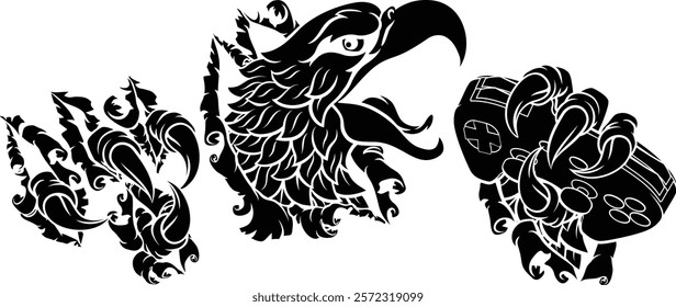 A bald eagle or hawk ripping or tearing through the background with a video game controller in its claws. Gamer e sports cartoon mascot