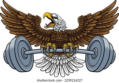 A bald eagle hawk weight lifting or gym fitness mascot holding a barbell 