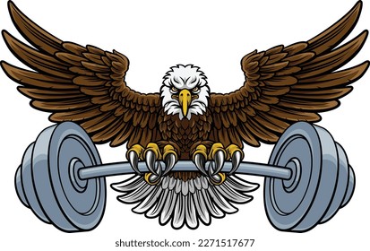 A bald eagle hawk weight lifting or gym fitness mascot holding a barbell 