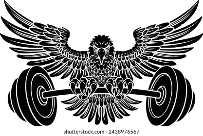 A bald eagle hawk weight lifting or gym fitness mascot holding a barbell 