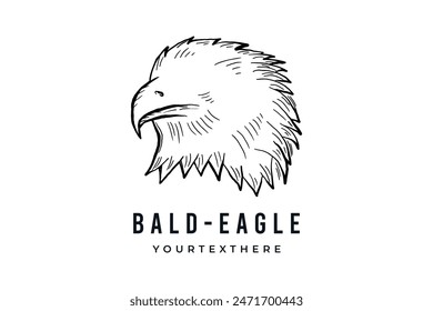 Bald eagle head bird, hand drawn line sketch drawing vector logo illustration