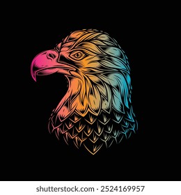 Bald eagle head. Original vector illustration in vintage style isolated on black background. T-shirt design. Hand drawn, not by AI!