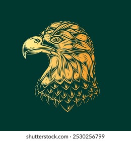 Bald eagle head. Original vector illustration in vintage style isolated on green background. T-shirt design. Hand drawn, not AI