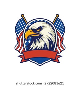 Bald Eagle Head Shield Logo mit gekreuzten amerikanischen Flaggen und leere Band Banner Vektor