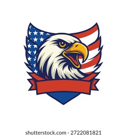 Bald Eagle Head Shield Logo mit American Flag Wings und Ribbon Banner Vektor