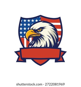 Bald Eagle Head Shield Logo mit amerikanischer Flagge Hintergrund und Band Banner Vektor