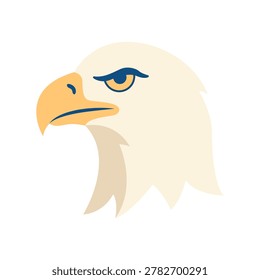 A bald eagle head in side profile with a white crown, yellow hooked beak, and sharp eye on a light gray background. The bird has a stern, focused expression.