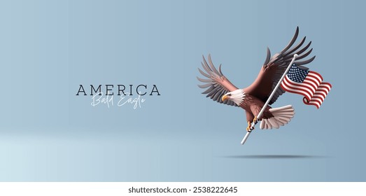 Un águila calva sostiene una bandera estadounidense en sus garras. Imagen realista en 3D. Símbolo de América, fuerza. Ilustración vectorial.