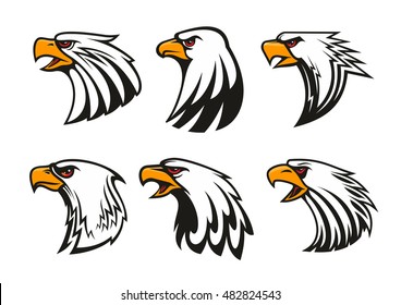 Bald Eagle icons set. Vector emblems of hawk with beak, harsh crying, furious glance. Falcon label for team mascot shield, badge, sport, guard, club identity label