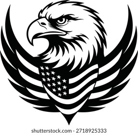 Logotipo da águia careca com asas da bandeira americana, símbolo Patriótico EUA Vetor preto e branco