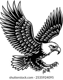 A bald eagle mascot bird with wings spread flying illustration in a vintage woodcut style 