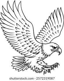 A bald eagle mascot bird with wings spread flying illustration in a vintage woodcut style