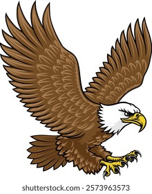 A bald eagle mascot bird with wings spread flying illustration in a vintage woodcut style