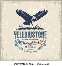 Bald Eagle, national Park Yellowstone, vintage, illustration, vector