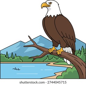 Bald Eagle Perched on a Tree Branch with Mountain and Lake Landscape Background - Flat Vector Illustration