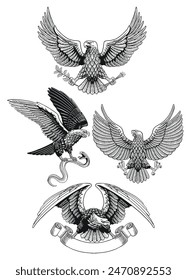 Bald Eagle Set Black and White Illustration