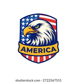 Emblema de escudo de águia careca com bandeira americana e vetor de banner de texto da América