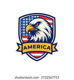 Bald Eagle Shield Logo mit amerikanischer Flagge und Amerika Text Banner Vektor