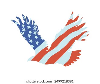 Bald Eagle silhouette design with American color flag. American eagle painted USA flag. Patriotic drawing wild bird with national symbol vector flat illustration isolated on white