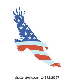 Bald Eagle silhouette design with American color flag. American eagle painted USA flag. Vector flat illustration isolated on white. Patriotic drawing wild bird with national symbol