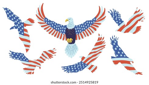 Projeto de silhueta de águia careca com bandeira de cor americana. Águia americana com asas pintadas bandeira dos EUA. Ilustrações planas de vetor definidas isoladas em branco. Desenho patriótico de aves selvagens com símbolo nacional