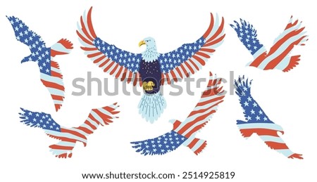 Bald Eagle silhouette design with American color flag. American eagle with wings painted USA flag. Vector flat illustrations set isolated on white. Patriotic drawing wild bird with national symbol