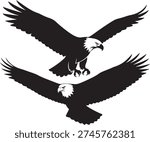 Bald eagle silhouette illustration set in soaring and landing poses isolated on white background, detailed wild bird vector design