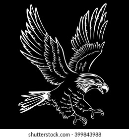 Bald Adler Silhouette einzeln auf Schwarz. Diese Vektorgrafik kann als Druck auf T-Shirts, Tattoo-Elementen oder anderen Zwecken verwendet werden