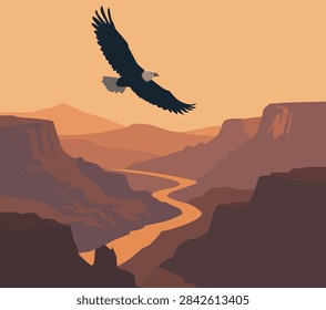 Bald Eagle Soaring Over Grand Canyon Landscape Vector
