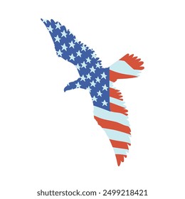 Bald Eagle soaring silhouette design with American color flag. American eagle painted USA flag. Vector flat illustration. Patriotic drawing wild bird with national symbol isolated on white