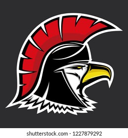 Bald eagle in a spartan helmet on a dark background.