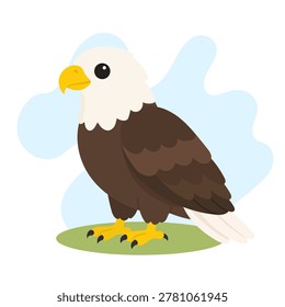 Bald eagle standing proudly in cute flat vector style, Haliaeetus leucocephalus feathers shining softly, Bald eagle patriotic wildlife icon art