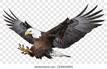 Bald eagle swoop attack hand draw and paint color on checkered background vector illustration.