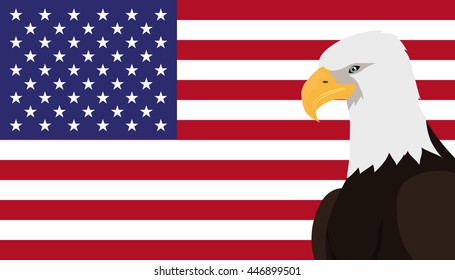 Bald eagle USA national bird symbol and flag, patriotic posters, elections vector illustrating. Big eagle witn white fead on American flag background. 4 july
