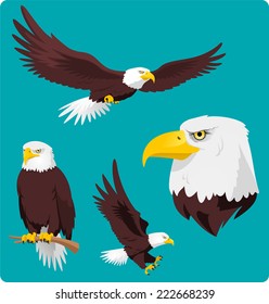 Bald Eagle vector cartoon illustrations of four recognizable stances and situations of pride and power