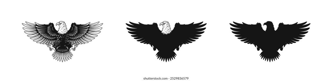 Bald eagle vector flat symbol set. Bald eagle icons in flat style