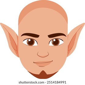 Elfo careca com orelhas grandes e olhos castanhos