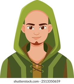 Bald elf wearing a green hooded cloak