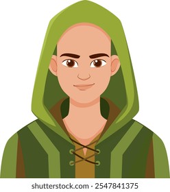 Bald elf wearing a green hooded cloak