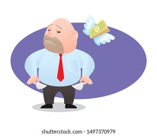  bald fat man run out of money. bankruptcy Lack of money. show empty pocket. cartoon isolated vector illustration