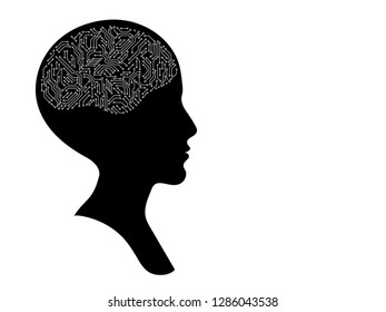 Bald female head profile silhouette with printed circuit board brain, black and white artificial intellect concept, vector
