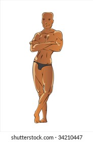 Bald, fit man in bathing suit standing with his arms crossed