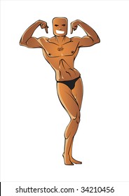 Bald, fit man in bathing suit poses biceps