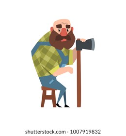 Bald forest man sitting on wooden chair and holding axe. Cartoon character of bearded lumberjack wearing green checkered shirt and blue coveralls. Flat vector design