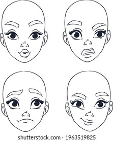 Bald girl with different emotions set of cliparts. Black and white outline. Vector illustration in cartoon style. Isolated clipart on white background fun