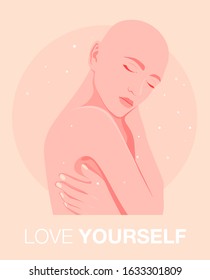 Bald girl hugs herself. Alopecia and self-acceptance. Love and support. Postcard. Vector flat illustration