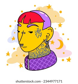 Bald Girl portrait. Rebel woman avatar of punk non conformist with multicolored fringe, nose piercing, skull earrings, Peace and Love tattoo, sporty attire. Vector trendy flat illustration 