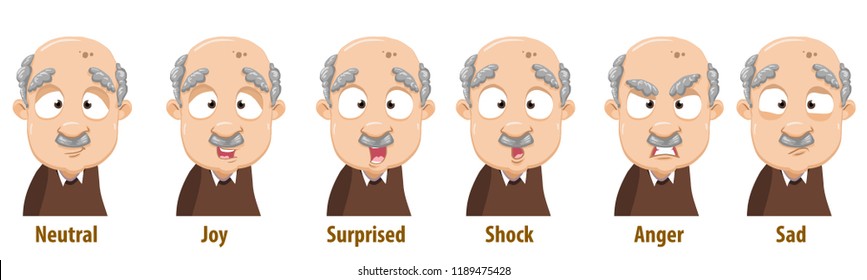 Bald grandfather with various facial expressions. Avatars with neutral, joy, surprise, shock, anger and sad emotions. Aged man with mustache icons. Grandparent in cartoon style vector illustration.