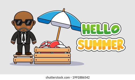 Hombre calvo con pancarta de saludo de verano de hola