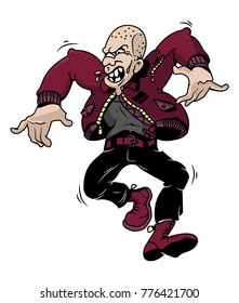bald head angry man hardcore skinhead just go forward ready to battle. dressed up military clothes bomber jacket and military boots. Vector modern style illustration cartoon character isolated 